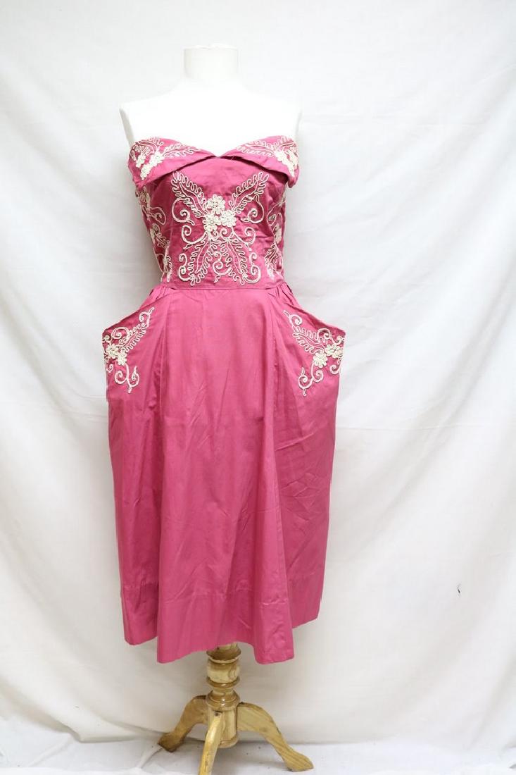 1950's Fuchsia Cotton Strapless Dress with Ivory (1 of 3)