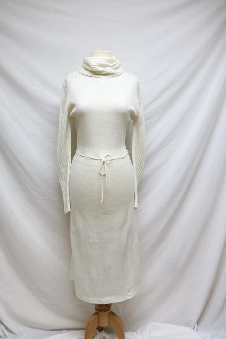 1970s turtleneck sweater dress: ivory acrylic knit, turtleneck, long sleeves, drawstring waist, unlined 36"-40"/26"-30"/36"-42"/46"