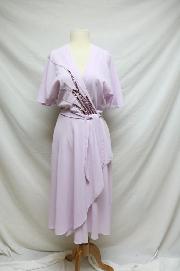 1970s lilac chiffon wrap dress: flutter sleeves, sequined details, swingy skirt, fastens at waist 38"/28"/42"/44"