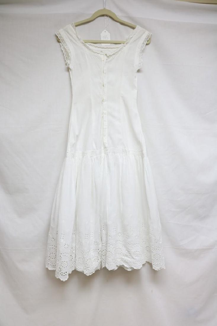 Edwardian eyelet & lace dress: white eyelet & lace cotton, buttoned front, tiered skirt, cap sleeves (petticoat) 30"/25"/36"/46"