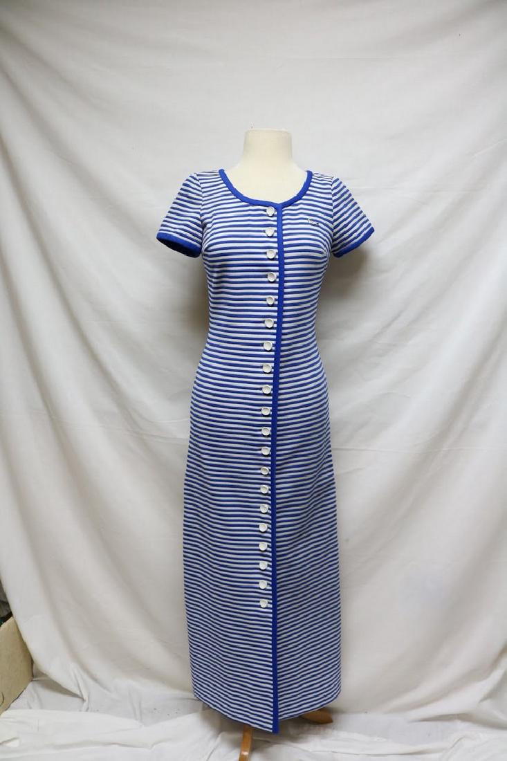 1970s striped Lacoste maxi dress: blue/white stripes, short sleeves, buttons from the neckline to the hemline, pique fabric, unlined 36"/30"/38"/52"