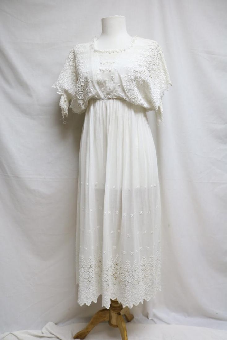 Edwardian Lace Dress: white batiste cotton, loose short sleeves, empire waist, hook/eye back closures - great condition - 30" bust/22" waist
