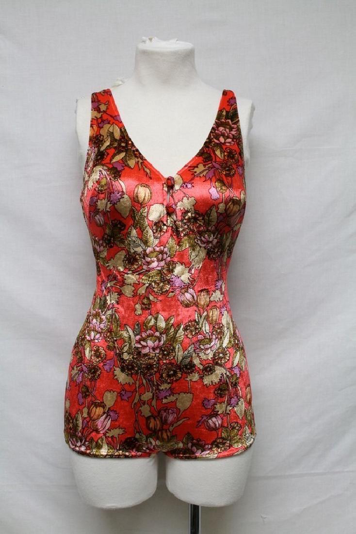 1970s Gottex Velvet Swimsuit: orange floral velvet swimsuit, built in cups, open back, excellent condition - 34-36 bust/26-29 waist