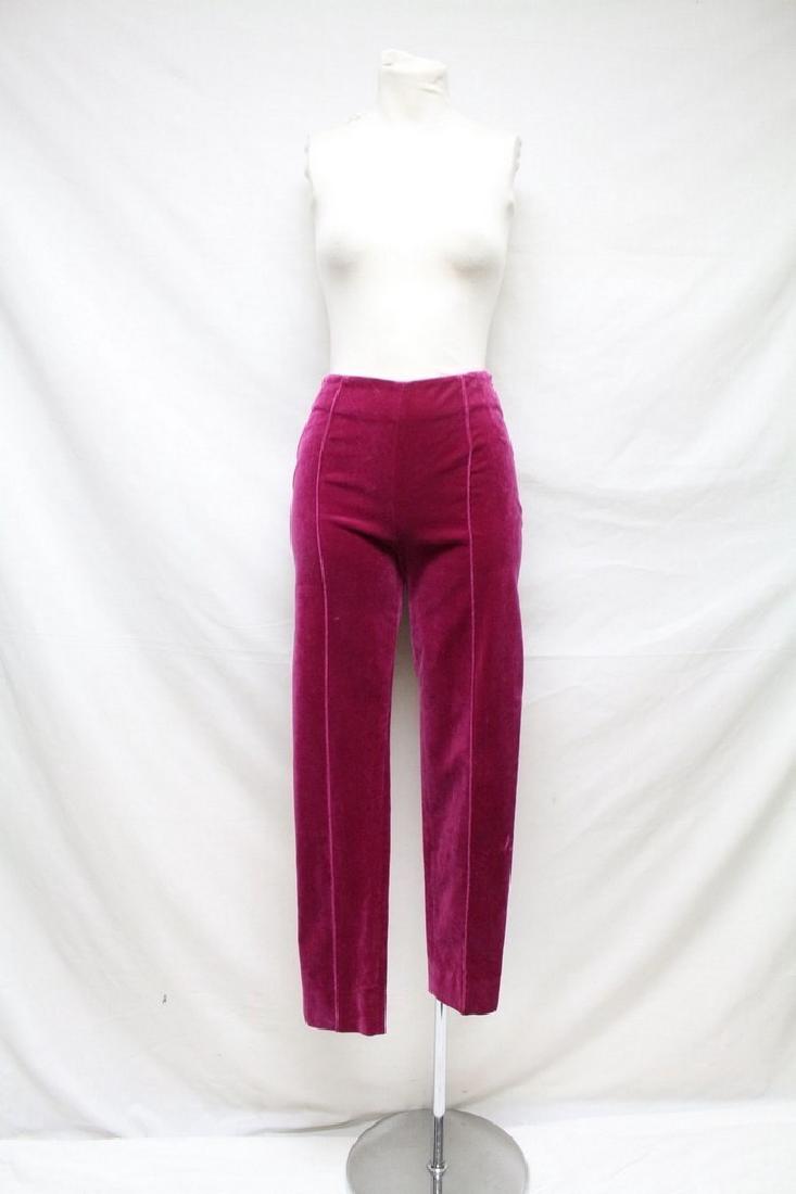 1990s Moschino Velvet Pants: rayon velvet fabric, front and back piped creases, unlined, excellent condition, no flaws to note. Waist 26/hip 36/length 38/inseam 27/Rise 14