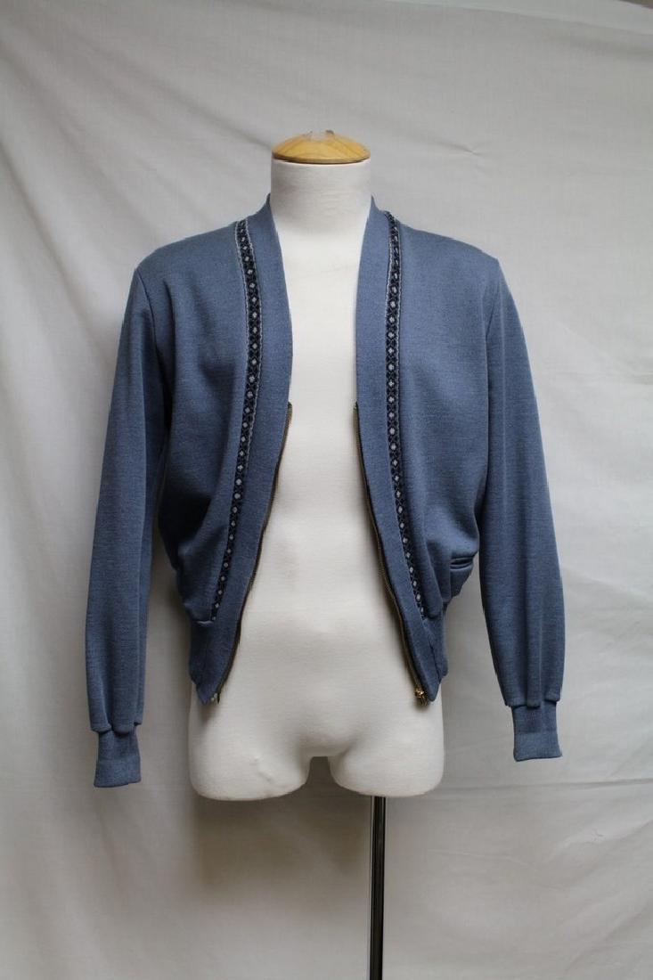 1950s Blue Wool Men's Cardigan: wool jersey fabric, brass zipper front, small pockets, long sleeves, unlined. Good condition, there are several small (less than 1/4") moth holes scattered on the back. 46 chest/19 shoulder