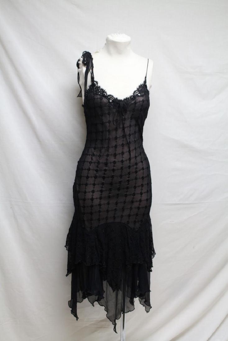 1990s Betsey Johnson Dress: embroidered chiffon fabric, lace trim, thin adjustable straps, pink nylon lining, handkerchief hemline, no closures. Excellent condition - no flaws to note. 32 bust/up to 28 waist