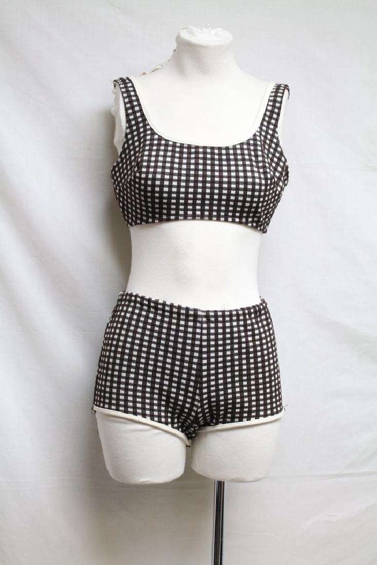 1960s Carol Brent Bikini: double knit poly fabric, elastic waist, unlined. Good condition, bra has been cut out. 34-35 bust/26-28 waist