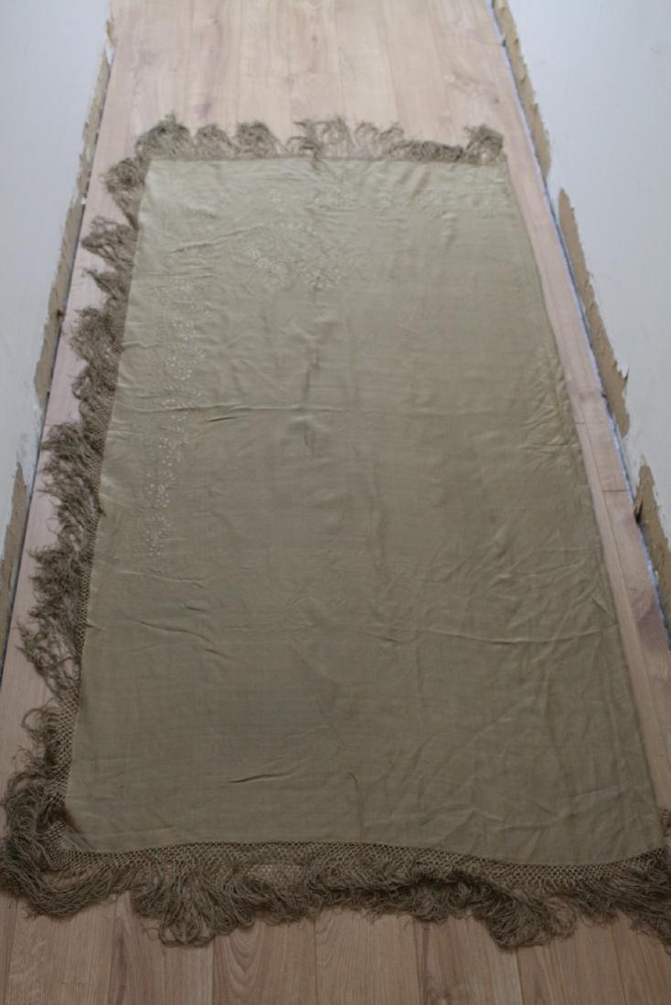 1920s green silk piano shawl: knotted fringe hem, good condition - a few small spots, 32"x62" + 9" fringe