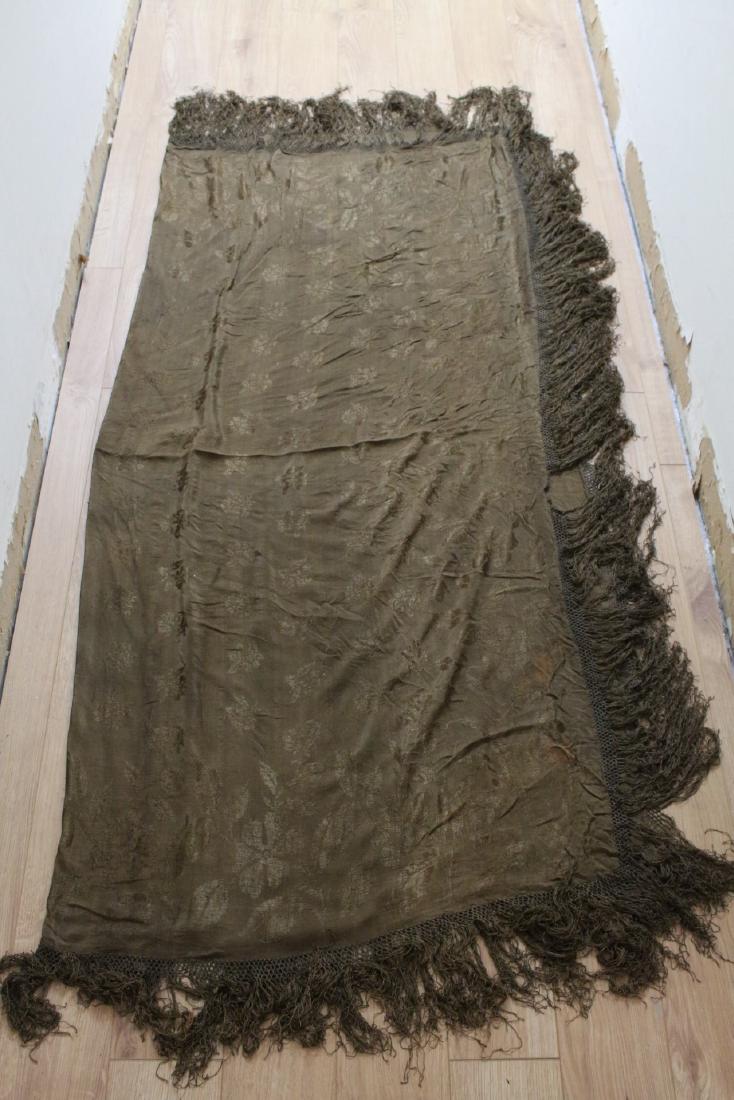 1920s dark brown/green silk piano shawl: subtle embroidery, knotted fringe, good condition - a few very tiny fades/oxidation. One pin hole. 60"x30"