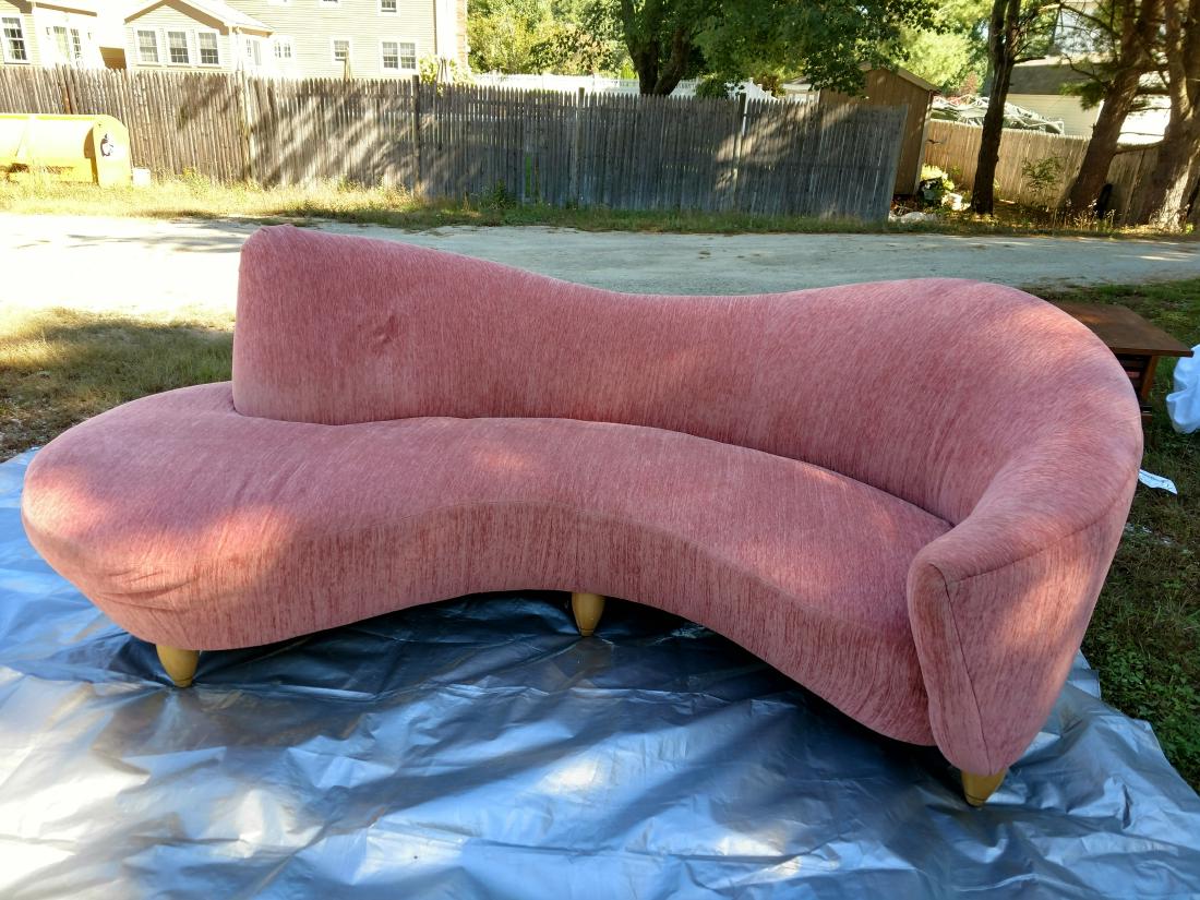 Pair Designer Mid-Century Style Curved Sofas in Pink Ve (1 of 8)