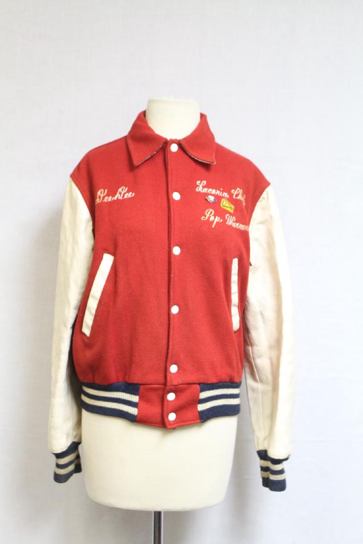 Vintage Cheerleading Jacket: wool, leather and nylon fabrics. Fair condition - no damage, needs cleaning. 42 bust/21 length