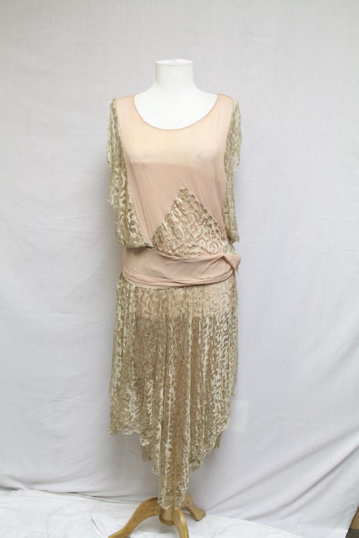 1920s Nude Lace Dress: chiffon and lace fabric. Good condition - few light spots on chiffon, net lining is shattered. 34 bust/49 length