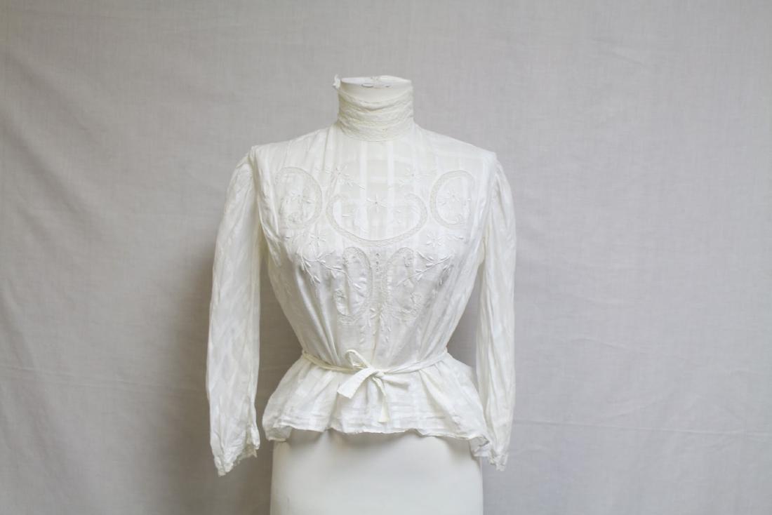 Edwardian Cotton Blouse: cotton fabric, good condition - one seam open under the arm and tiny pin dot spots. 36 bust/17length