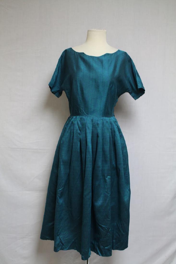 1950s Blue Green Party Dress: rayon fabric. Good condition - one hole on the skirt. 38 bust/28 waist
