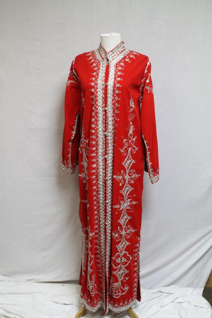 Vintage Red Ethnic Caftan: velveteen fabric, metallic embroidery, fully lined. Good condition - several tiny spots. 40 bust/54 length