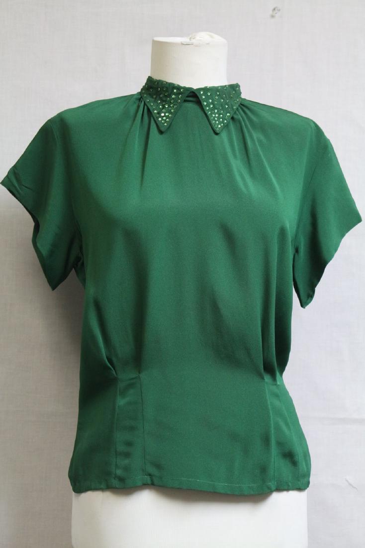 1940s Green Rhinestone Top: rayon fabric. Great condition. No flaws. 38 bust/20 length