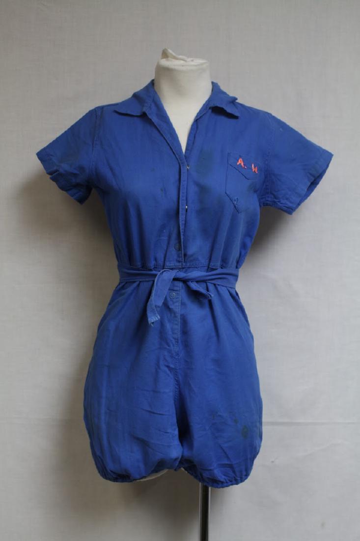 1950s School Gym Romper: cotton fabric, fair condition - small holes and stains throughout. 34 bust/28 length