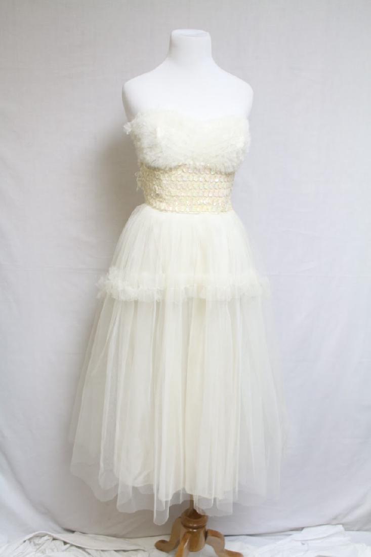 1950s Tulle & Sequin Dress: tulle fabric, fully lined, as-is condition - small rips on tulle skirt, repair to bodice, see photos. 32 bust/24 waist