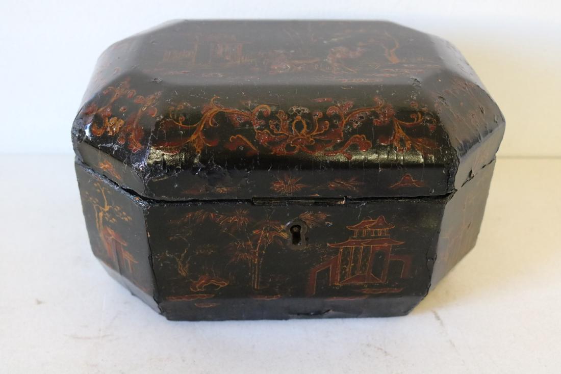 Asian Lacquer Hand Painted Tea Box: double storage tins in side locking box