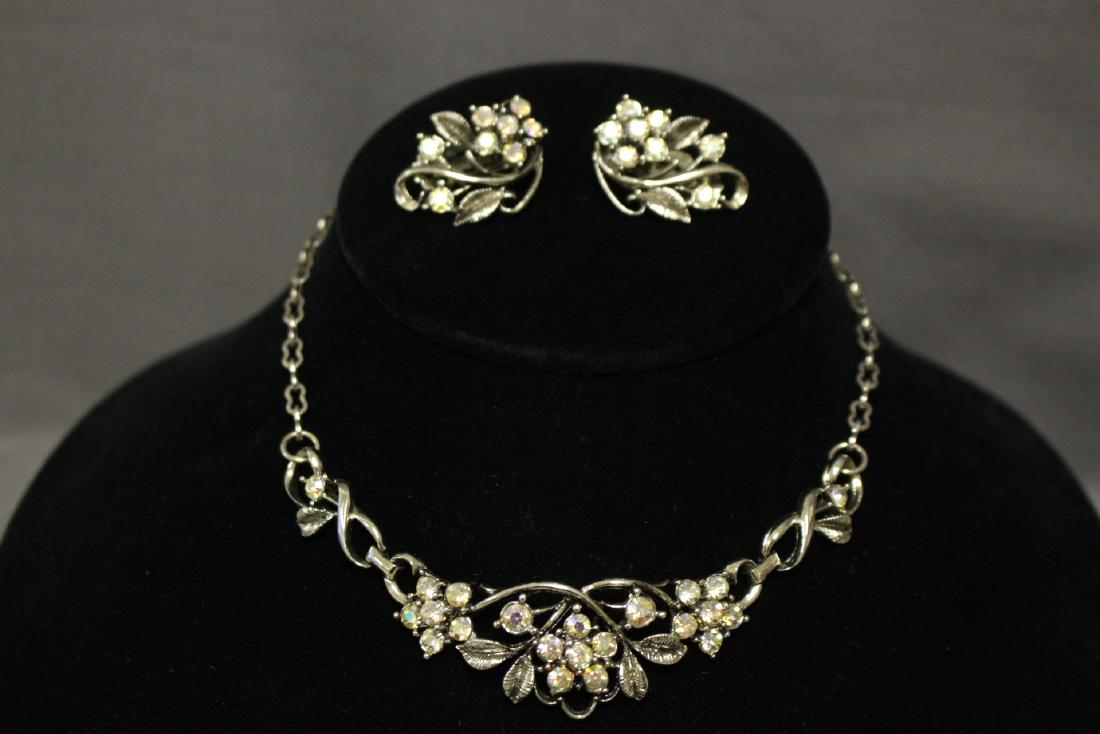 1950s Floral Rhinestone Necklace & Earrings Set (1 of 4)