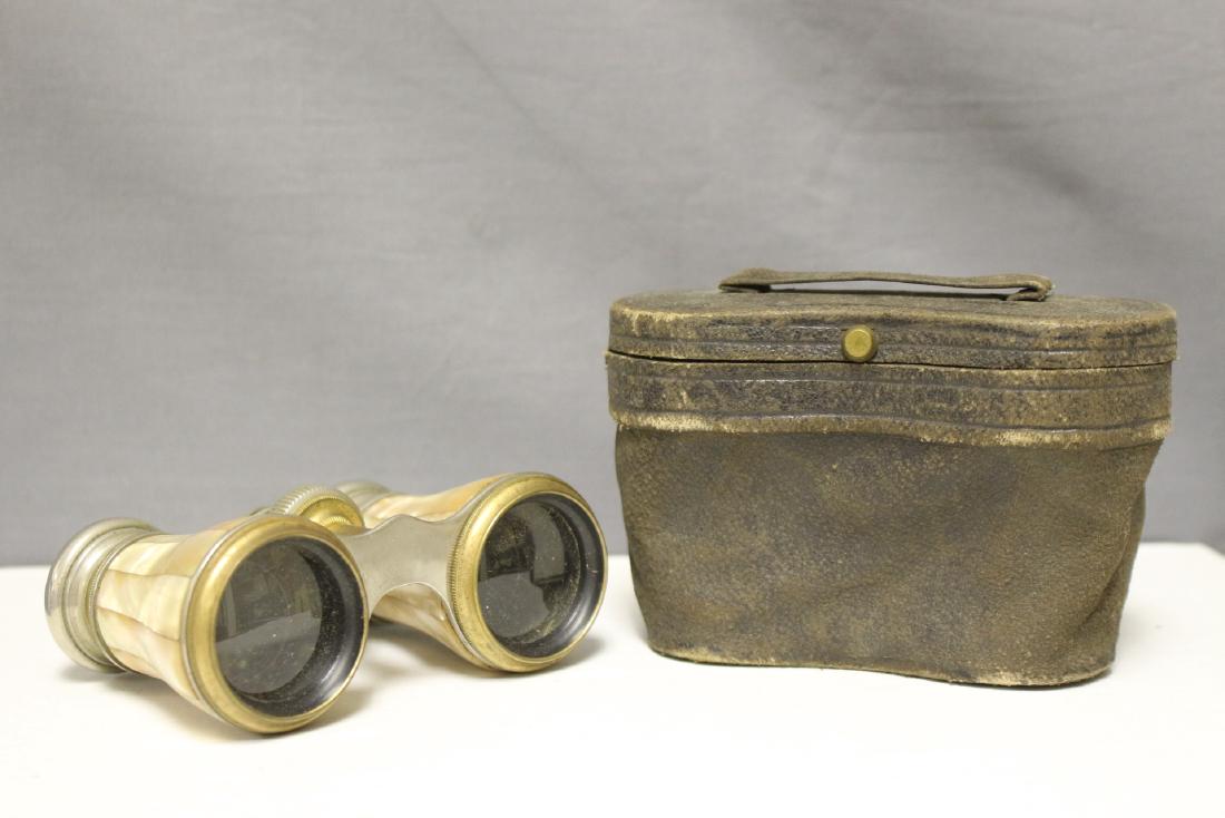 Antqiue Lemaire Paris Mother of Pearl Opera Glasses: mother of pearl inlay and brass metal, marked "Lemaire Paris" - left lense/frame is loose - comes with original case