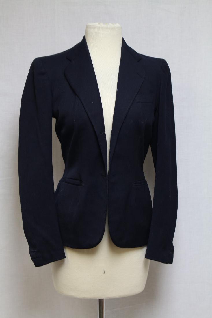 1940s Marcel Dhorme Paris Blazer: Wool gaberdine fabric, silk satin lining, numbered label in pocket. Lining needs replacement, wool in great condition, buttons missing. 36" bust/23" length.