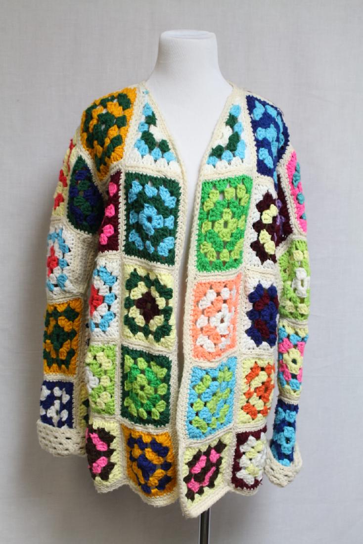 1970s Crotchet Granny Square Cardigan: Acrylic knit crochet fabric. 46" chest/29" length.