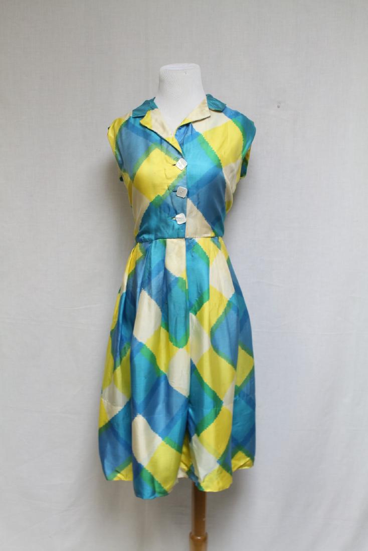 1960s Diamond Print Silk Dress: Silk fabric. Good condition, a few very small light spots. 38" bust/33" waist. (roughly 8" of hem to be let down.)