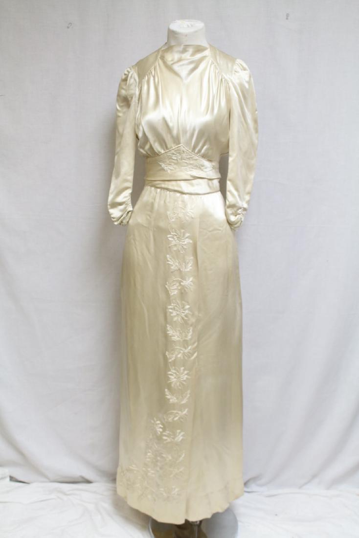 1930s Silk Embroidered Wedding Gown: Silk charmeuse fabric, silk embroidery. Great condition, minor yellowing along hem and a few light spots. 22" waist/31"bust.