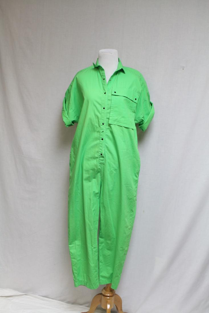 1980s Neon Green Jumpsuit: Cotton fabric. Great condition. 42" bust/52" length.