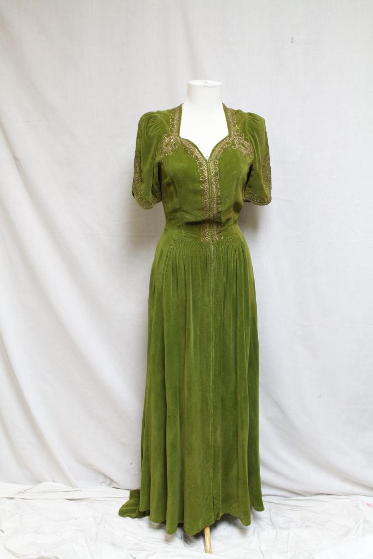 1940s Green Velvet Gown: Silk velvet fabric, gold lame trim. Fading throughout. 34" bust/ 24" waist.