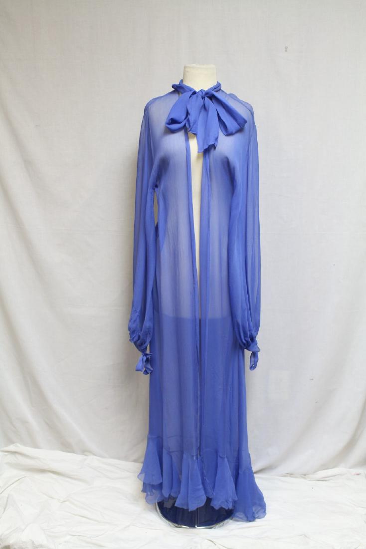 1930s Georgette Duster: Silk georgette fabric. Good condition, a few light spades, a few small water spots, two tiny holes at the upper back, minor under arm discoloration. 60" length.