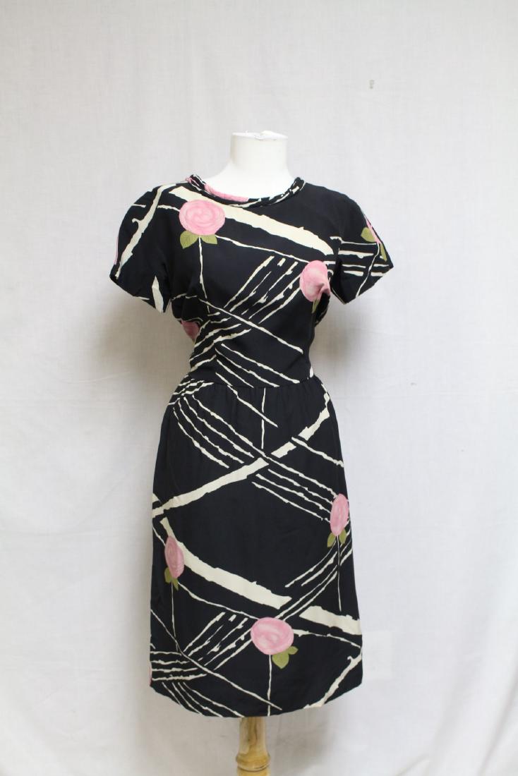 1950s Samuel Winston by Roxane Dress: Floral silk fabric, fully lined. 39" bust/29" waist. Great condition, back waist seam has been let out and reattached.