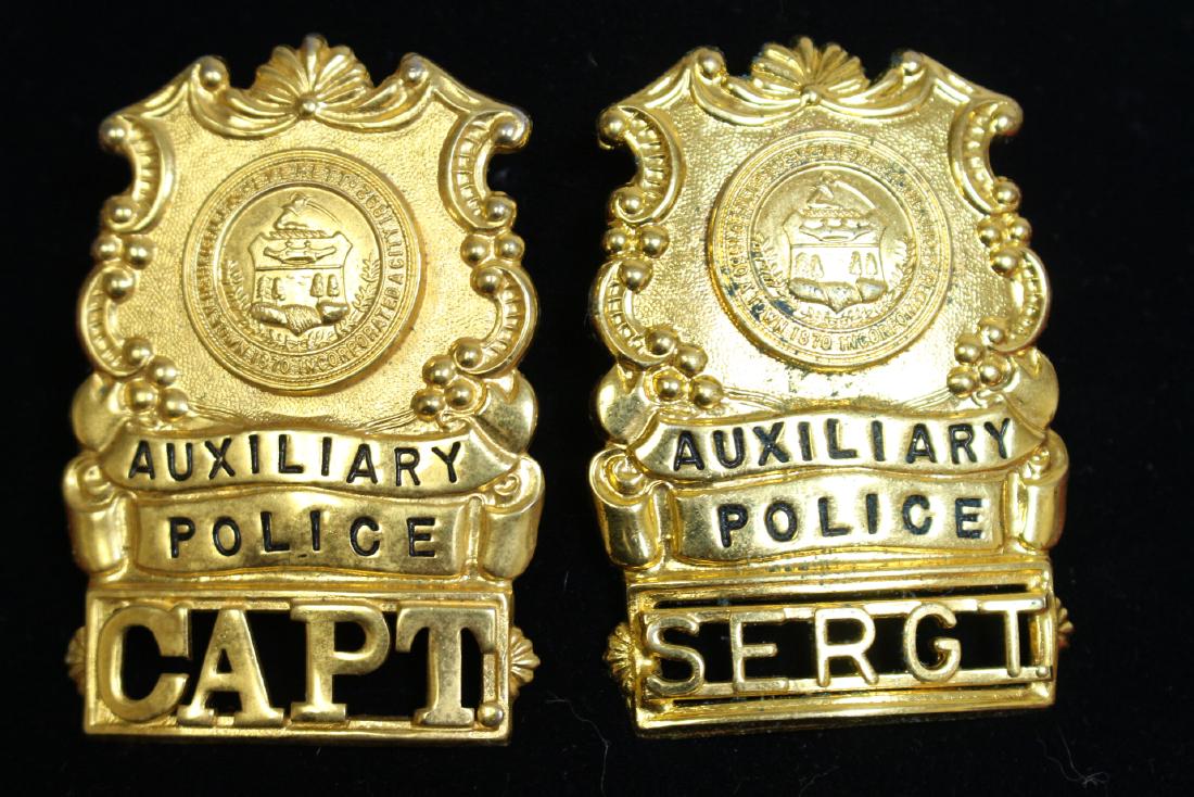Pair Auxiliary Police Badges, Everett, MA: one captain, one Sargent