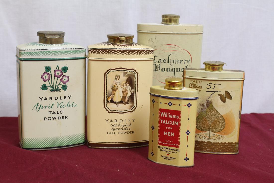 Lot of Vintage Powder Tins: Yardley April Violets, Yardley Old English Lavender, Williams Talcum for Men, Talc Lorigan by Coty, & Cashmere Bouquet all with powder