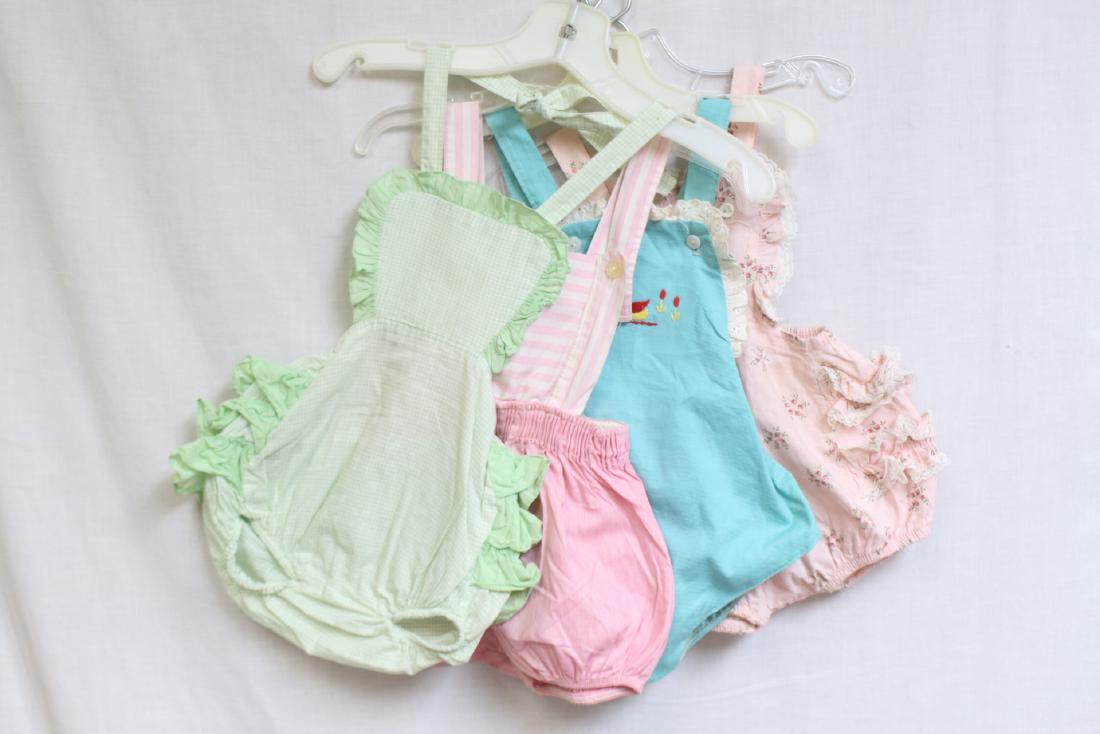 Vintage Lot of 4 1950s Baby Rompers: cotton fabrics, great condition.