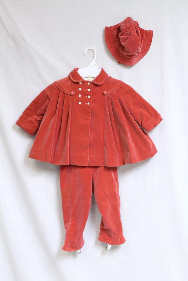 Vintage 1950s Coral Velvet Toddler Snow Pants & Coat: cotton velvet fabric, fully lined, great condition - a few very light spots and one pin hole. See photos.