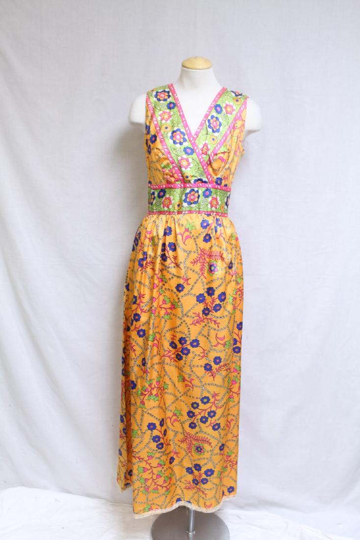 Vintage 1970s Orange Floral Maxi Dress: nylon satin fabric, great condition - original tag attached. Zipper seam is open and hem has been let down, 36 bust/28 waist