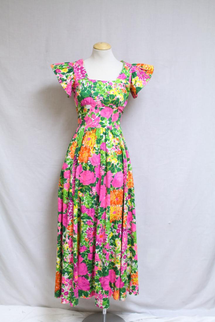 Vintage 1970's Neon Floral Maxi Dress: backcloth fabric, excellent condition - 32 bust/24 waist