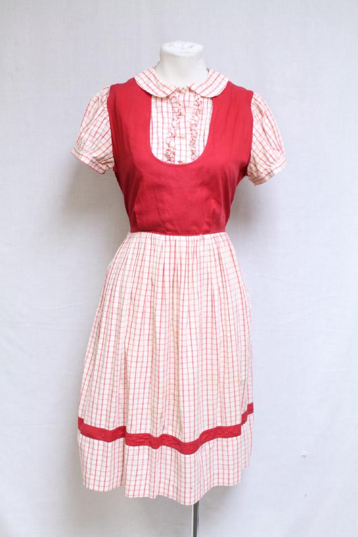Vintage 1959s Red and White Plaid Dress: cotton fabric, good condition, small open seams under arms, minor yellowing around neckline and under arms. 36 bust/30 waist (ties smaller)