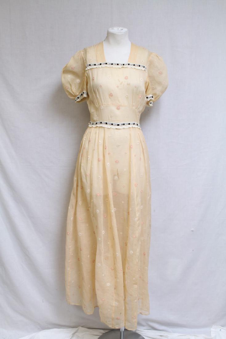 Vintage 1930s Peach Organdy Dress: embroidered organdy fabric, fair condition - light scattered spotting, underarm discoloration and small open seam near zipper,. 34 bust/24 waist