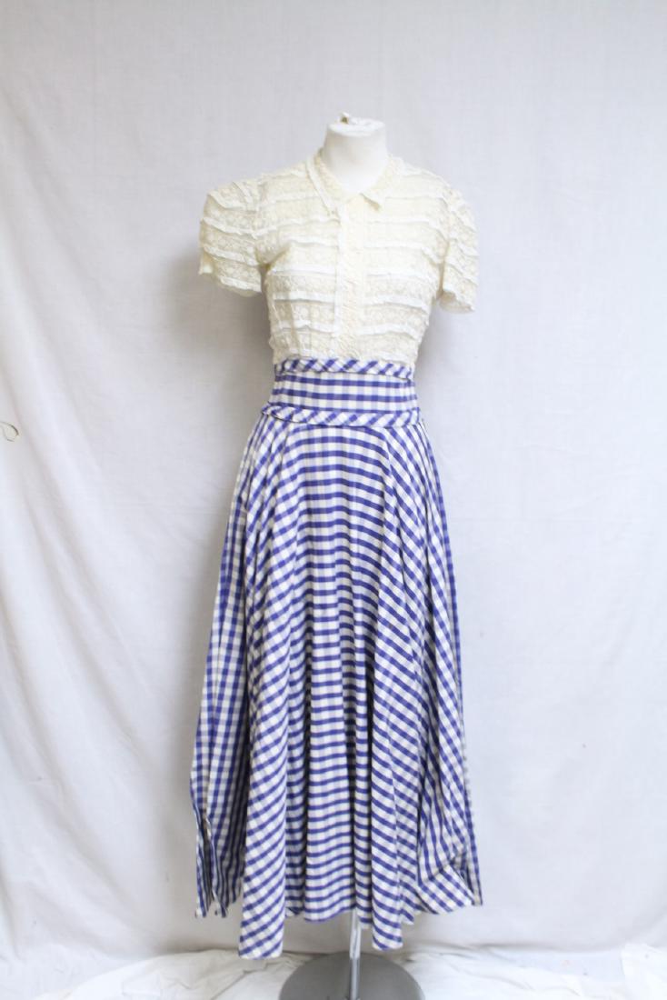Vintage 1930s Gingham & Lace Dress: taffeta and embroidered organdy fabric, good/fair condition - small rips on organdy bodice, see photos. 34 bust/24 waist
