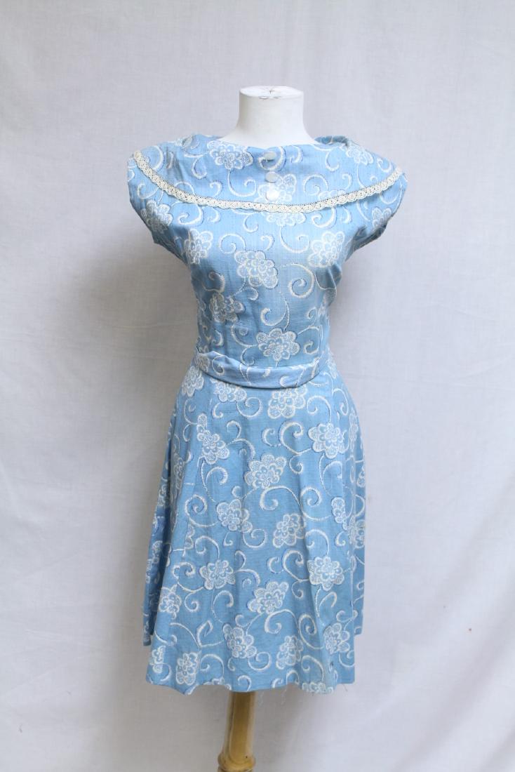 Vintage 1960s Blue Floral Dress: cotton blend fabric, good condition - a few very small/light spots and slight overall fade. 36 bust/26 waist