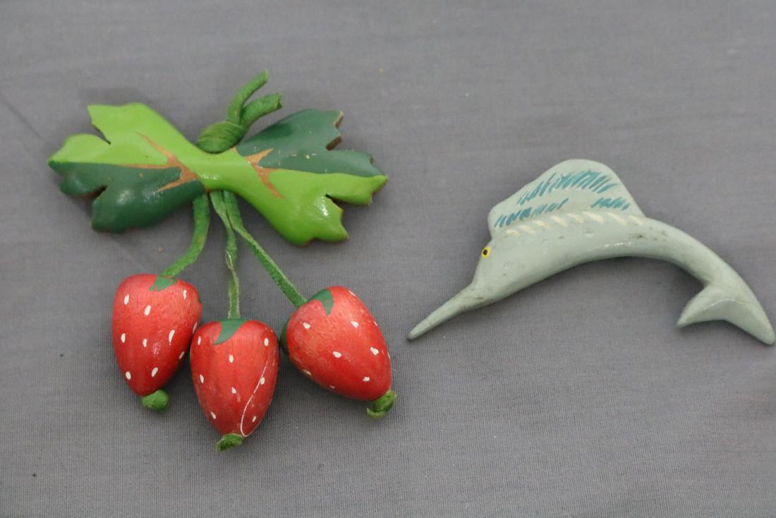 Pair Wood Hand Painted Brooches: Strawberries and Sail Fish