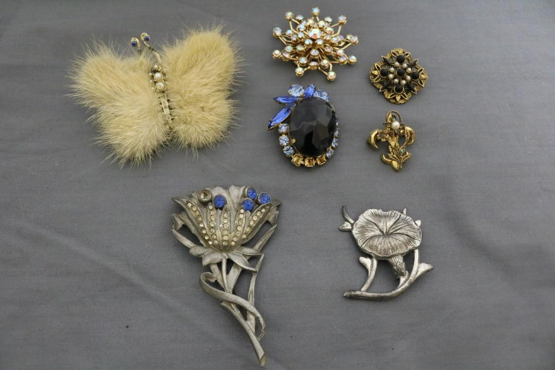 7 Vintage Brooches: mink butterfly, sterling & more, see photo's for damage and missing stones