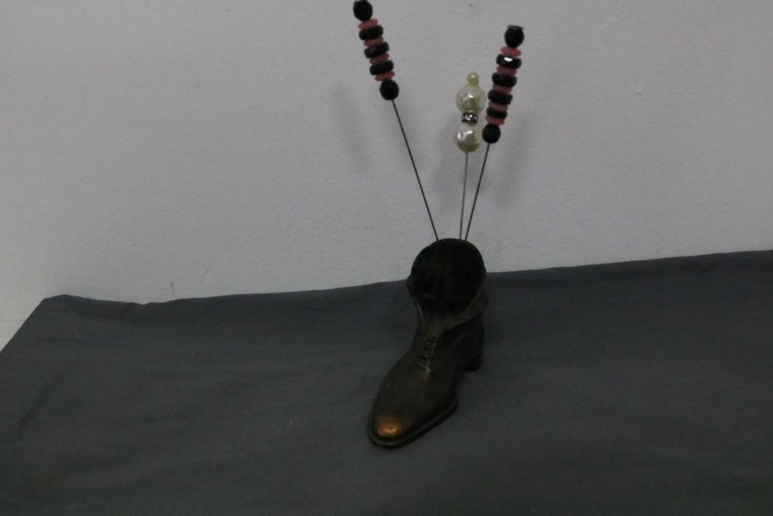 Vintage Shoe Pin Cushion with Hat Pins: 3 short hat pins