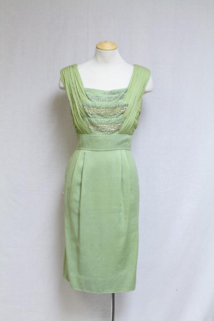 Vintage 1960s Green Cocktail Dress: rayon linen and chiffon fabric, fair/good condition - yellow spotting on chiffon at waist, missing beads at neckline, see photos. 34 bust/25 waist