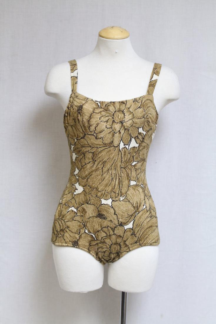 Vintage 1960s Peter Pan Brown Floral Swimsuit: cotton blend fabric, great condition - 32-34 bust/24-27 waist