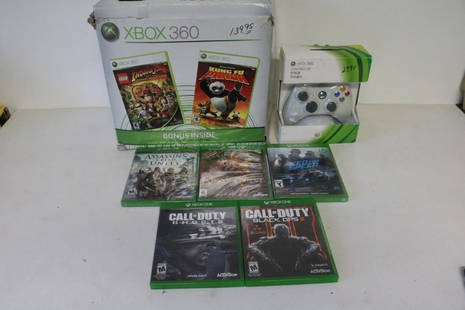 X-Box game system with games: Includes extra controller, 5 new sealed games, works and tested, comes in original box, Kung Fu Panda (used), sealed - Call of Duty Ghosts, Call of Duty Black Ops, Kings Quest, Assanins Creed Unity, N