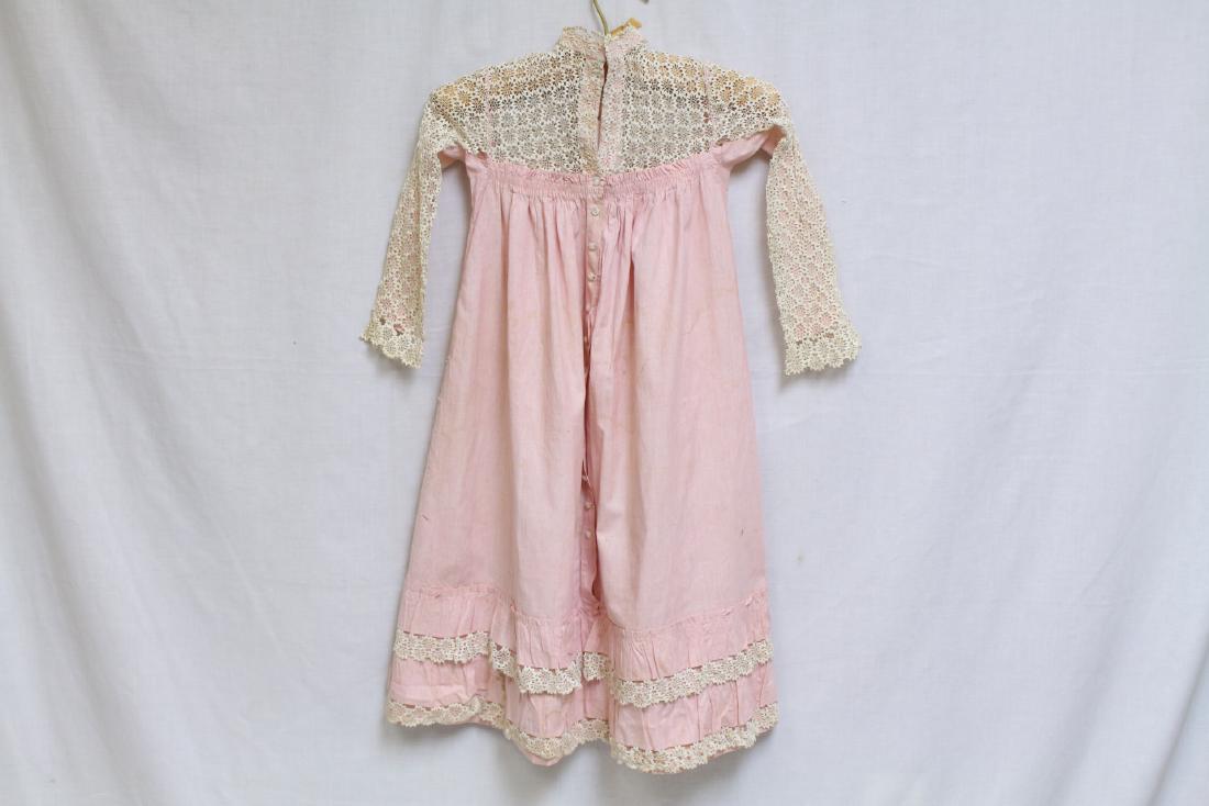 Antique Lace & Cotton Childs Dress: crochet lace and cotton fabric, fair/as-is condition - cotton has light spotting throughout, lace has a few seam separations. See photos. 26 bust/33 length